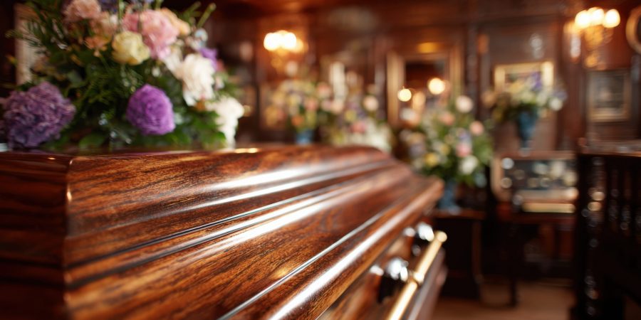 Medium shot of a wooden casket with rich grain patterns highlighting traditional burial options in a serene funeral home setting.