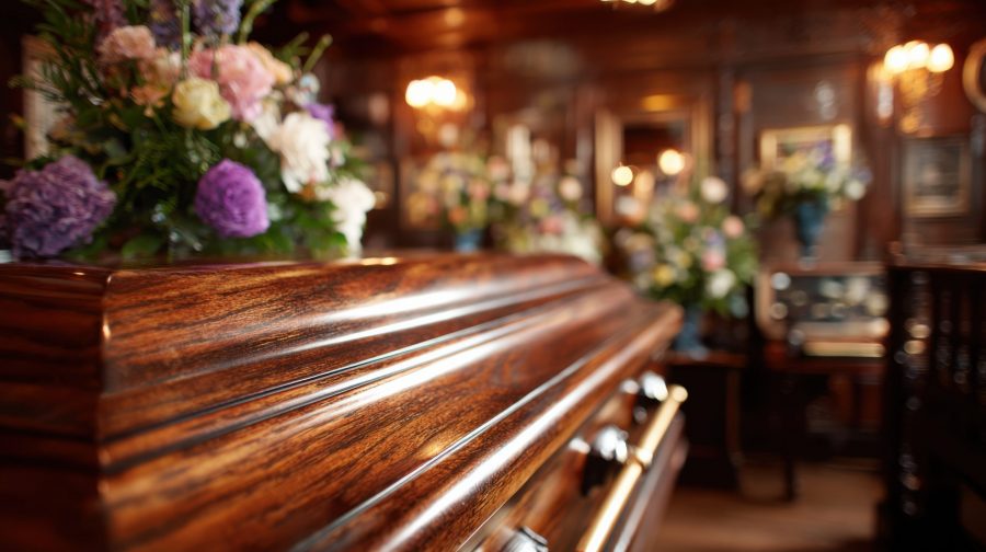 Medium shot of a wooden casket with rich grain patterns highlighting traditional burial options in a serene funeral home setting.