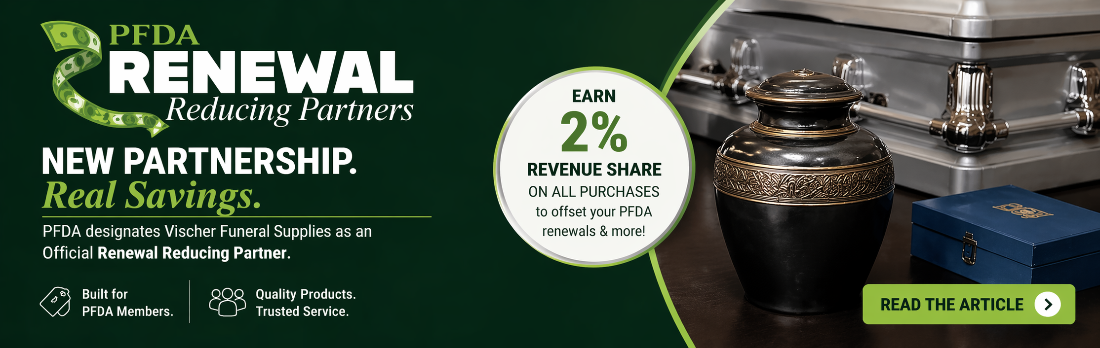PFDA Renewal Reducing Partner banner promoting Vischer Funeral Supplies with 2% revenue share savings and call to read the article