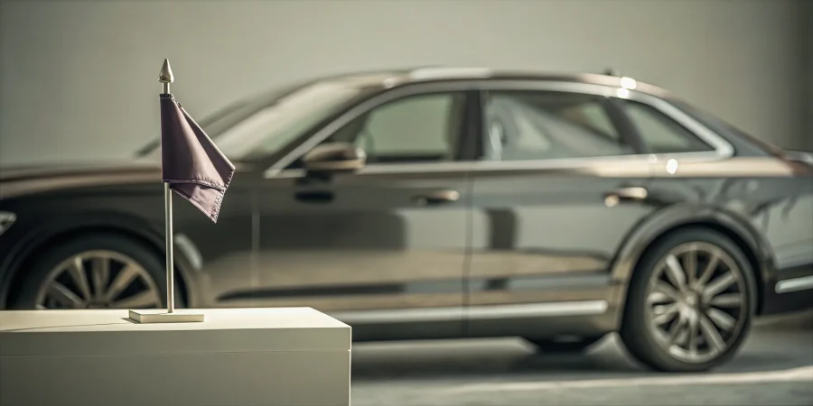 A magnetic funeral flag for cars secured to the side of a vehicle.