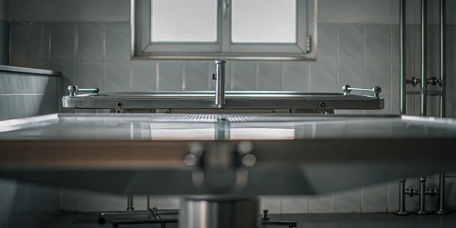 Hydraulic embalming table with a stainless steel surface and drainage system.