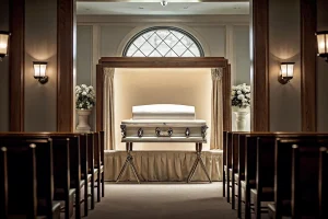 Elegant casket bier in a professional funeral home chapel