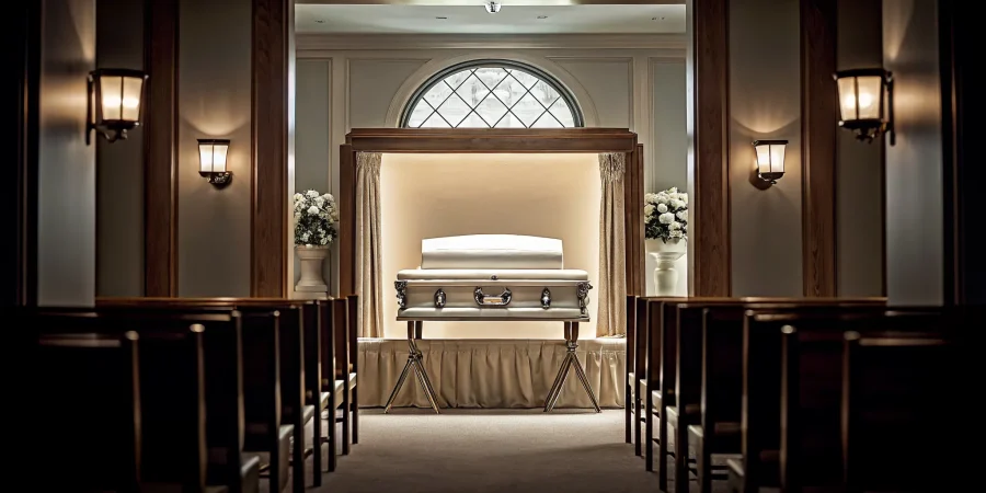 Elegant casket bier in a professional funeral home chapel