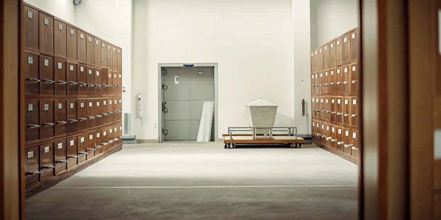 Organized cremation supplies in a professional crematory workspace