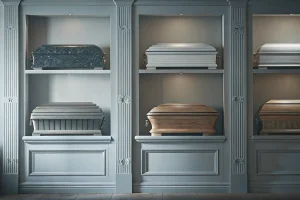 A selection of cremation vaults for sale on display in a showroom.