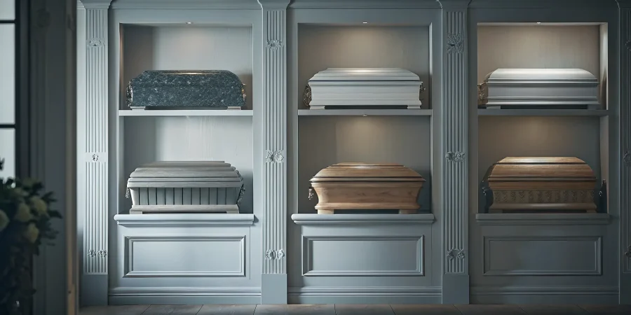 A selection of cremation vaults for sale on display in a showroom.
