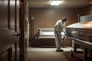 Embalming machine prepared for routine inspection and cleaning
