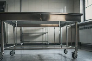 Stainless steel embalming table in a professional preparation room