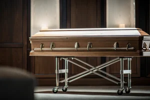 A wooden funeral bier for sale, equipped with casters and handles for professional funeral services.