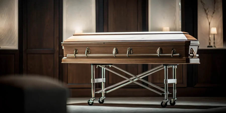 A wooden funeral bier for sale, equipped with casters and handles for professional funeral services.