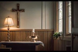 Funeral chapel accessories with crucifix, chapel lamp, and holy water vessel