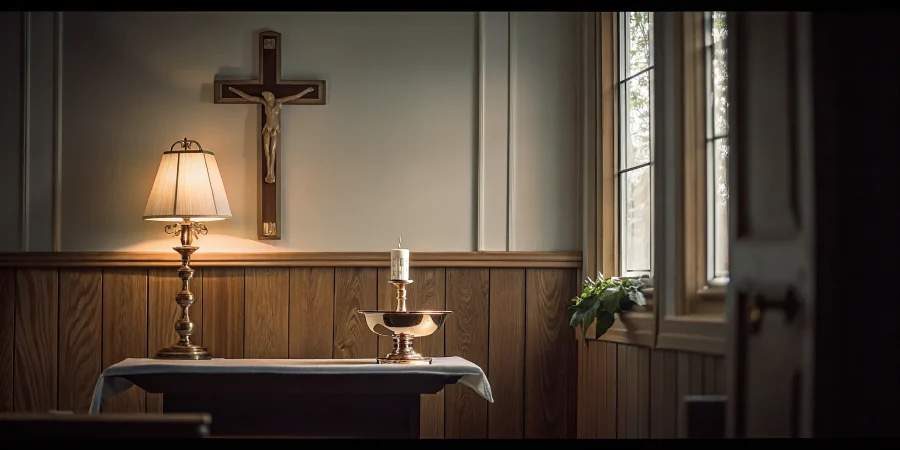 Funeral chapel accessories with crucifix, chapel lamp, and holy water vessel