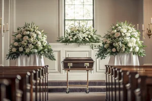 Funeral flower stands arranged in a dignified chapel