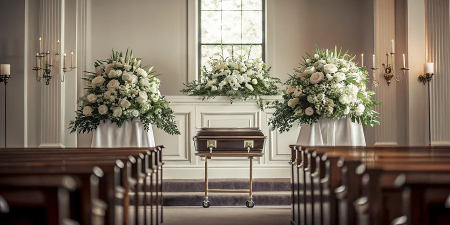 Funeral flower stands arranged in a dignified chapel
