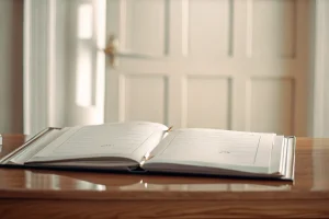 Open funeral register book on a polished wood table