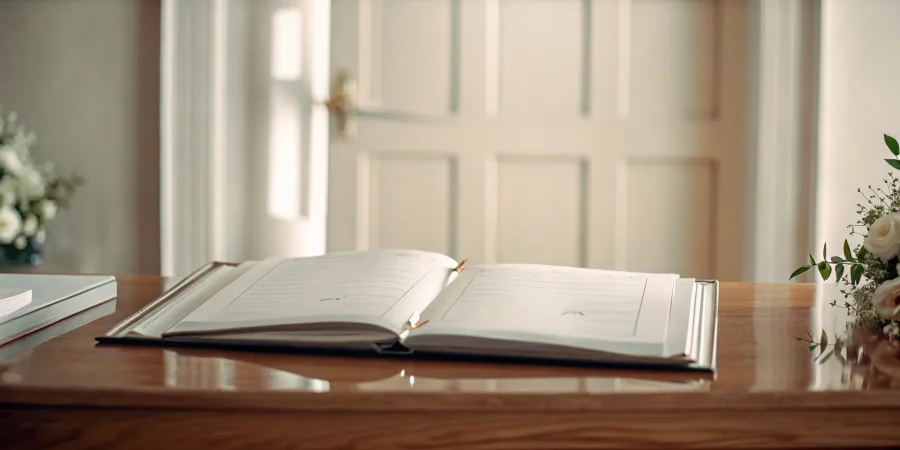 Open funeral register book on a polished wood table