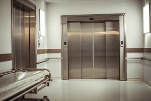 Heavy-duty stainless steel mortuary body lift in a clean preparation room