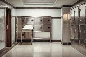 Stainless steel mortuary cooler in a funeral home facility