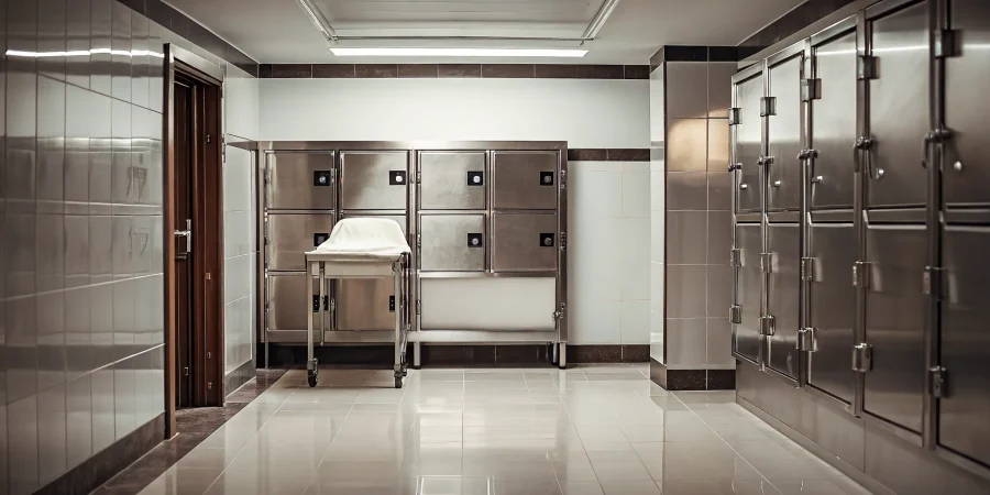 Stainless steel mortuary cooler in a funeral home facility
