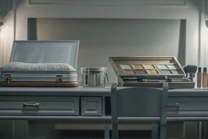 Organized mortuary cosmetics and restorative tools in a professional preparation room