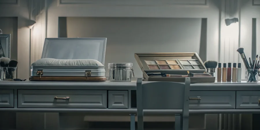 Organized mortuary cosmetics and restorative tools in a professional preparation room