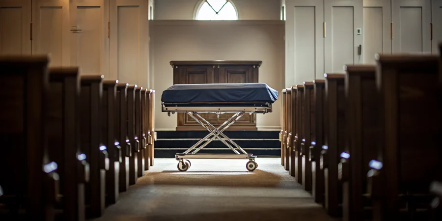 Professional mortuary cot with a dignified navy cover