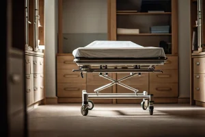 Modern mortuary cot in a professional removal equipment room