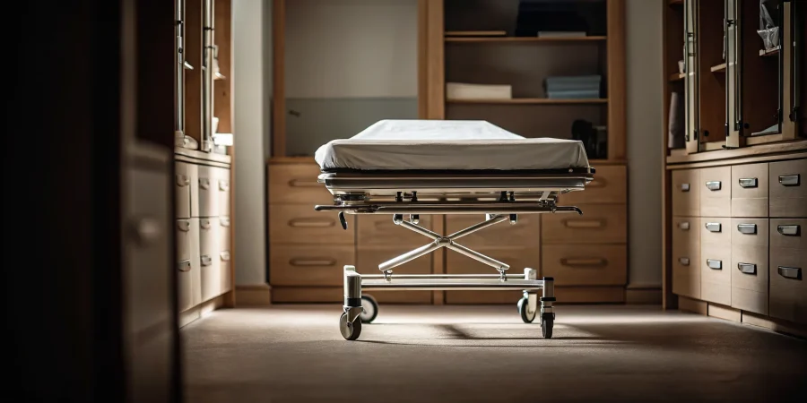 Modern mortuary cot in a professional removal equipment room