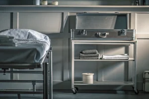 Professional mortuary supplies arranged in a preparation room