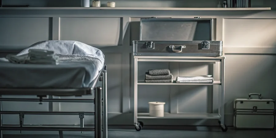 Professional mortuary supplies arranged in a preparation room