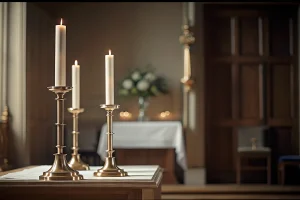 Elegant brass altar candlesticks displayed in a funeral home chapel setting