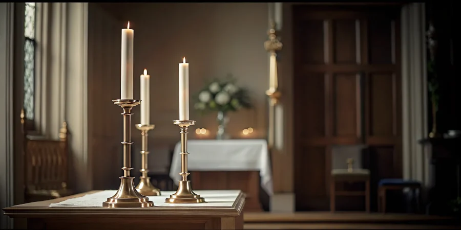Elegant brass altar candlesticks displayed in a funeral home chapel setting