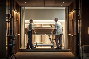 Funeral home preparation room with a heavy-duty hydraulic casket lift operated by professional staff