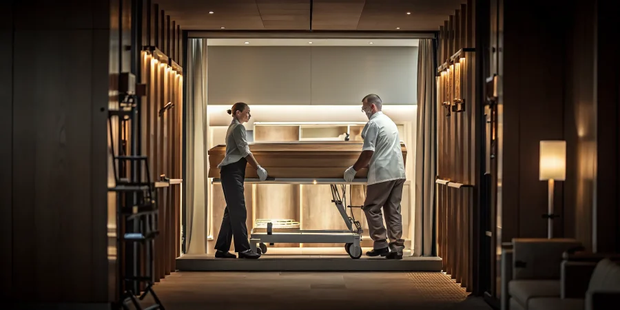 Funeral home preparation room with a heavy-duty hydraulic casket lift operated by professional staff