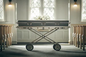 Church truck casket cart in a funeral home chapel with wooden pews