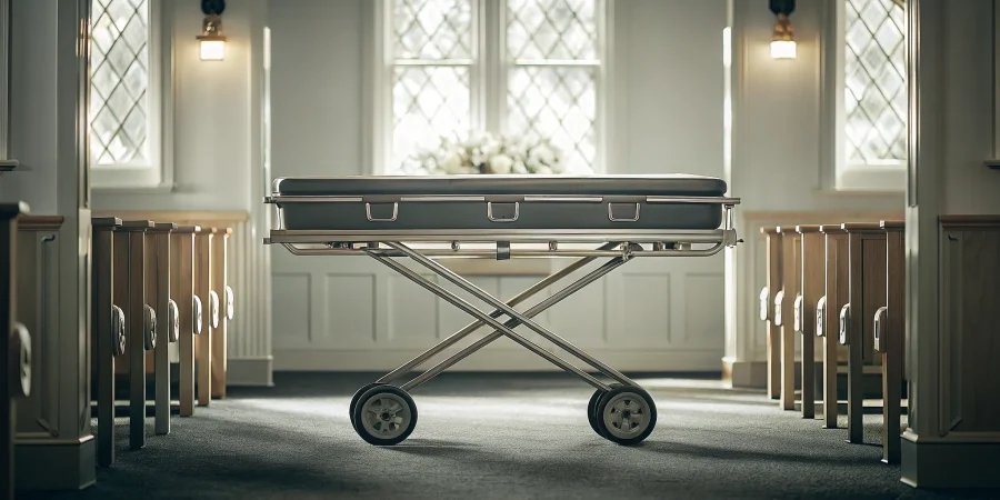 Church truck casket cart in a funeral home chapel with wooden pews