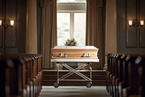 Church truck and casket bier comparison in a professional funeral home chapel setting