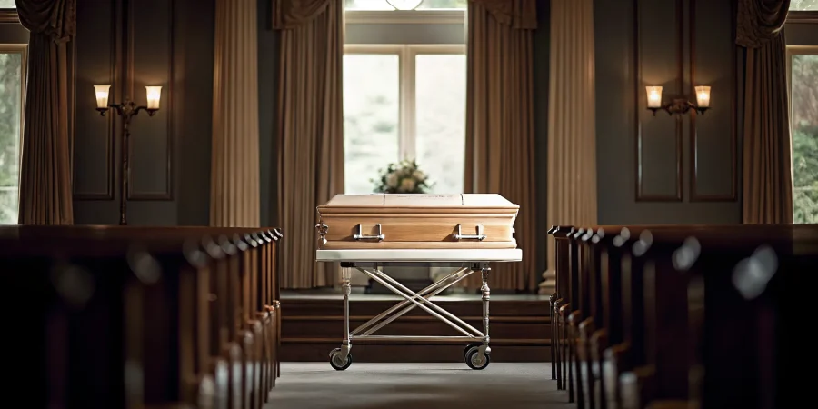 Church truck and casket bier comparison in a professional funeral home chapel setting
