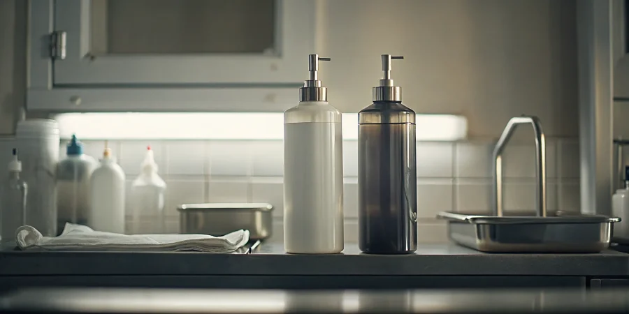 High-index and low-index embalming fluid bottles in a professional prep room setting