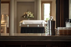 Funeral home preparation room with disinfectant supplies on a stainless steel counter