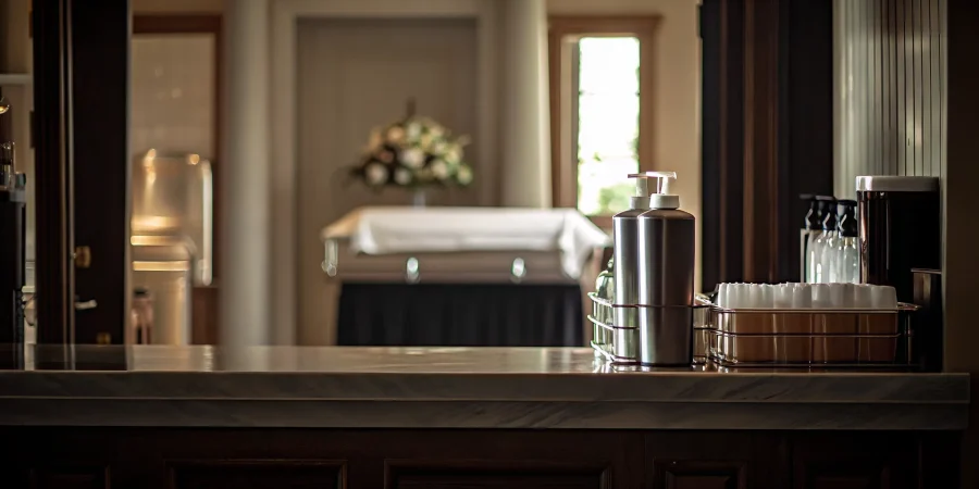 Funeral home preparation room with disinfectant supplies on a stainless steel counter