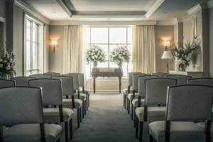 Elegant funeral home chapel interior with warm lighting and comfortable seating