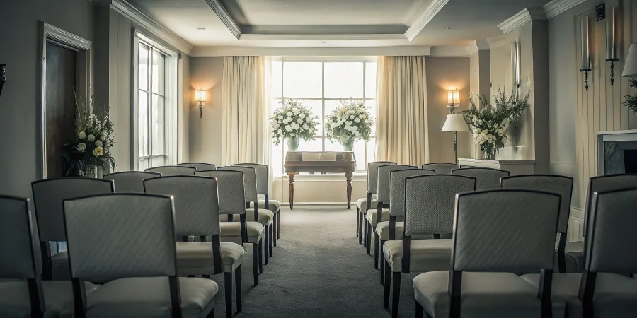Elegant funeral home chapel interior with warm lighting and comfortable seating