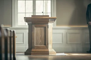 Elegant wooden lectern podium in a warm funeral home chapel setting