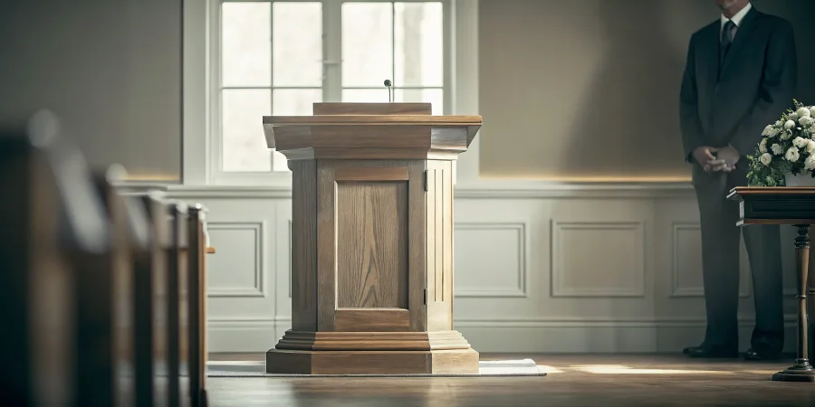 Elegant wooden lectern podium in a warm funeral home chapel setting