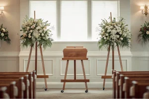 Professionally arranged funeral home chapel with floral display stands and casket presentation equipment