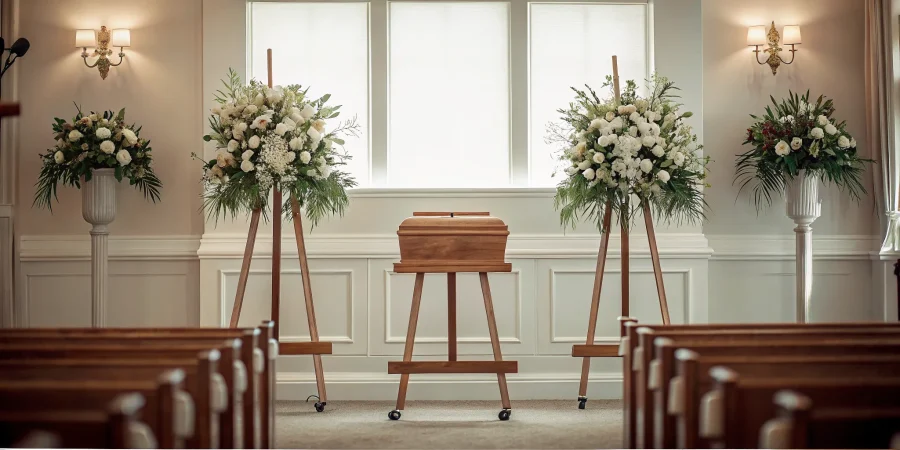 Professionally arranged funeral home chapel with floral display stands and casket presentation equipment