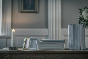 Memorial register books, prayer cards, and funeral stationery arranged on a wooden table