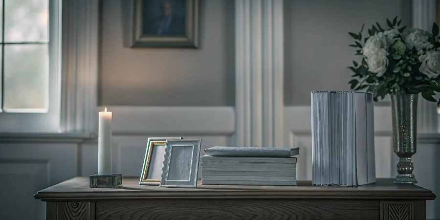 Memorial register books, prayer cards, and funeral stationery arranged on a wooden table
