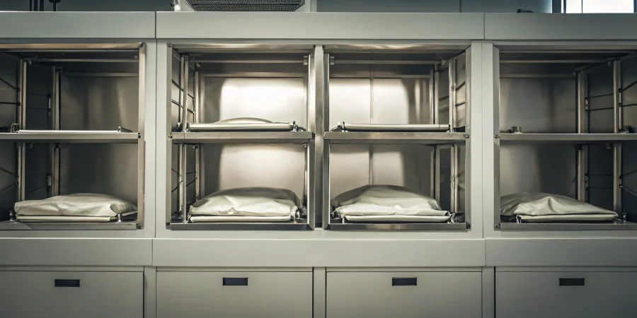 Stainless steel mortuary cooler racks and body trays configured in a facility